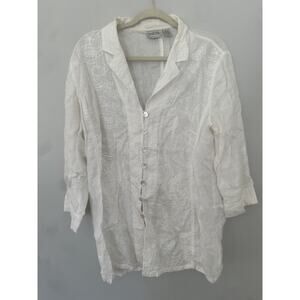 Chico’s White Linen Embroidered Button-Down Blouse Women’s 2 Boho Cottage Top